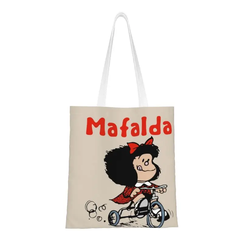 

Mafalda Bicycle 3 Wheels Grocery Shopping Bag Fashion Printing Canvas Shopper Tote Shoulder Bags Quino Manga Cartoon Handbag