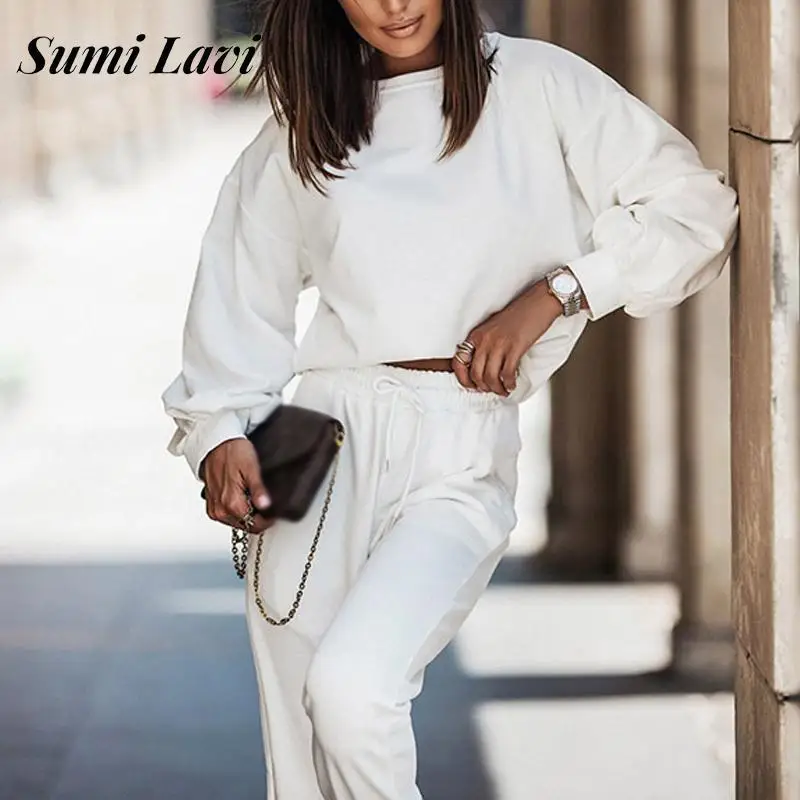 

Fashion Solid Color Tracksuit Two Piece Set Spring O Neck Lantern Sleeve Tops Trousers Suits Elegant Back Hollow Out Loose Suits