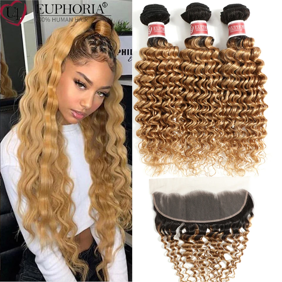 

1b/27 Ombre Blonde Deep Wave Bundles With 13x4 Lace Frontal Hair Brazilian Human Hair 3 Bundles With Lace Closure Euphoria