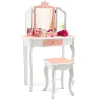 Bbayjoy Kid Vanity Set Wooden Makeup Table Stool Tri-Folding Mirror Snowflake Print Pink