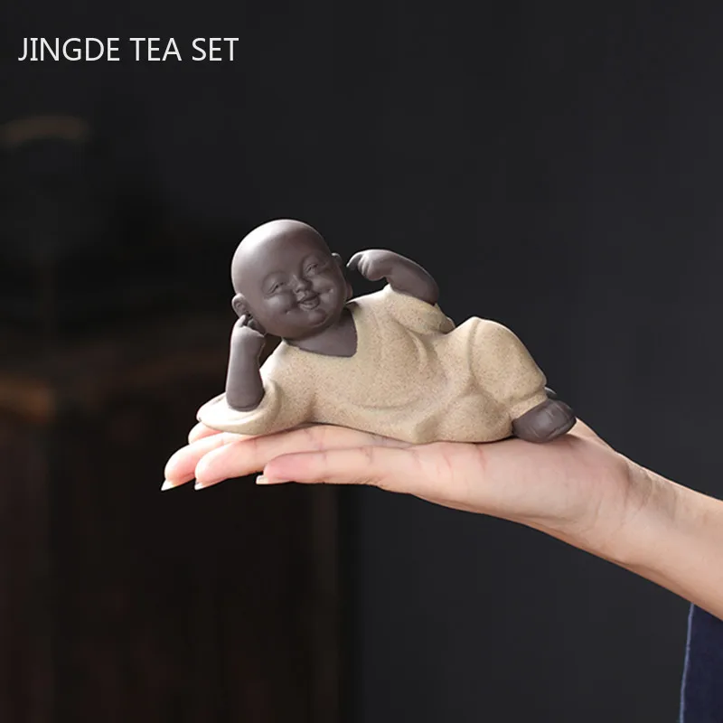 

Recumbent Little Monk Figure Sculpture Ornament Purple Sand Three Not Monk Tea Pet Chinese Tea Tray Accessories Home Decoration