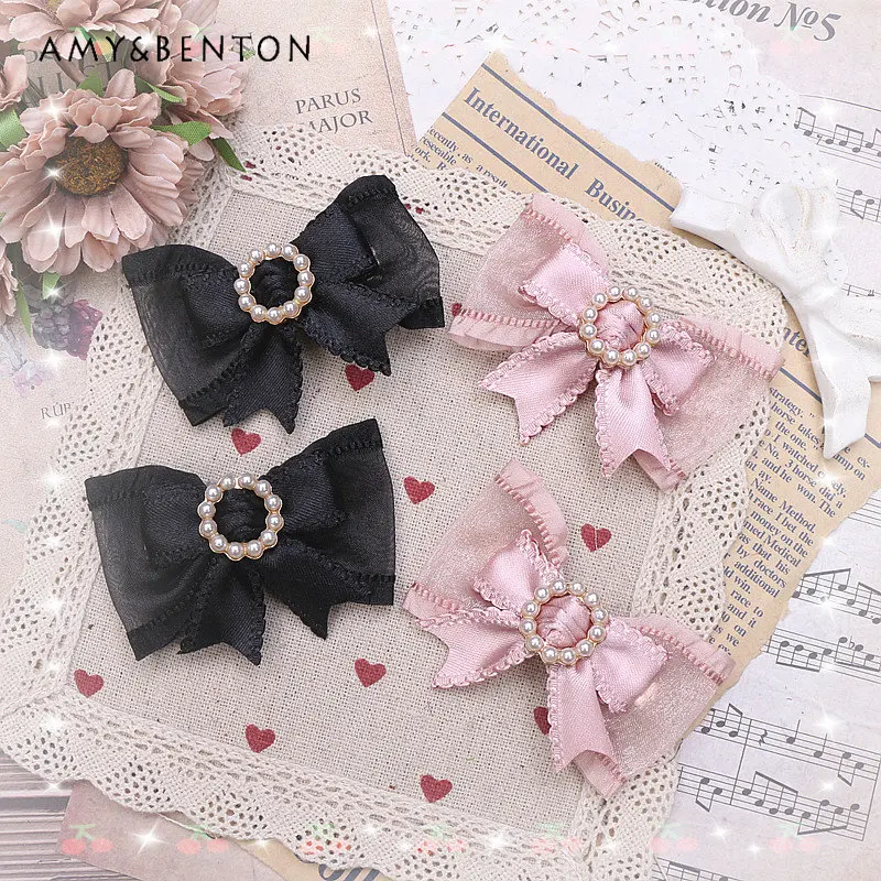 

Japanese Mine Series Pearl Barrettes Women's Ribbon Side Clip A Pair of Hairclips Female Buckle Bow Hair Accessories
