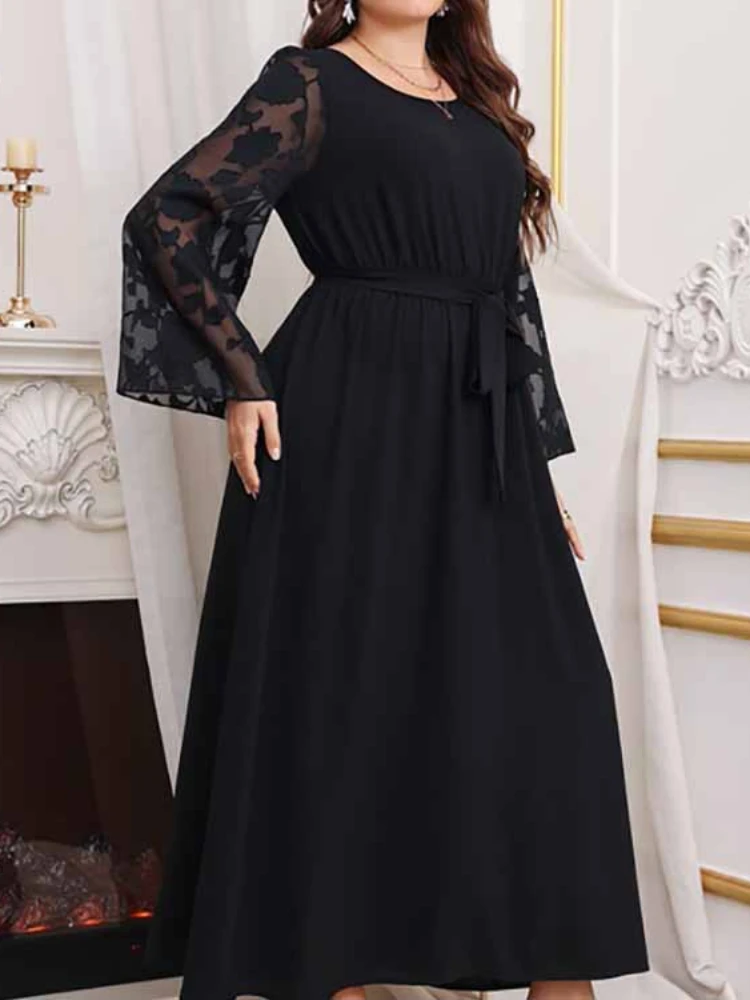 Шикарное Черное женское платье трапециевидной формы с круглым вырезом кружевное