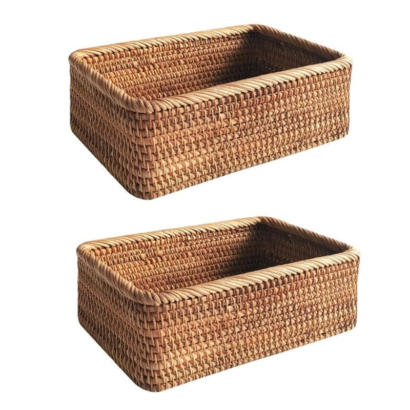 

Retail 2X Hand-Woven Rectangular Rattan Wicker Basket Fruit Tea Snack Bread Picnic Cosmetic Box Kitchen Household Tools-L