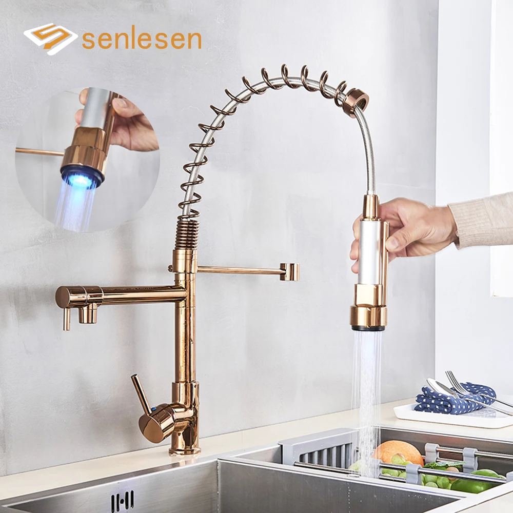 

Senlesen LED Light Rose Golden Dual Spout Kitchen Faucet Single Handle Pull Down Spring Kitchen Faucets Hot Cold Water Mixer Tap