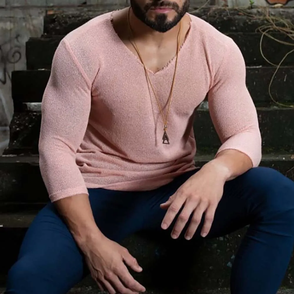 

2022 New Men's Casual Long Sleeve T-Shirt Round Neck Gym Fitness Bodybuilding Slim Contrast Color Top T-Shirt Spring Fashion