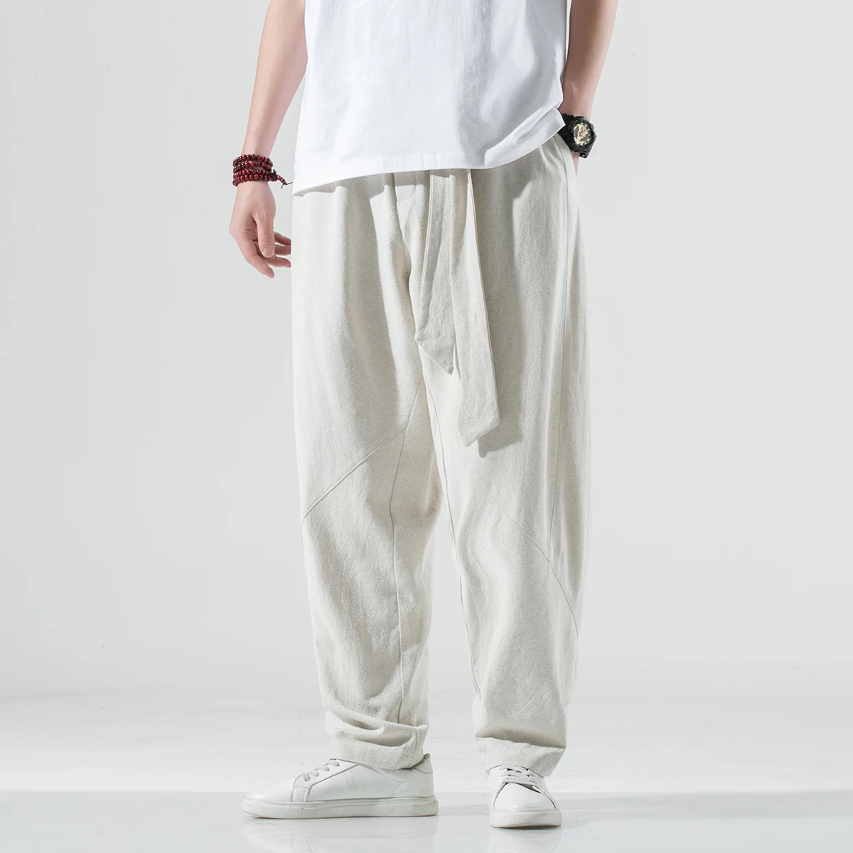 Men's Elastic Belt Casual Harem Pants Loose Sports Pants Men's Harajuku Style Jogging Pants Fashion Solid Color Hip Hop Pants