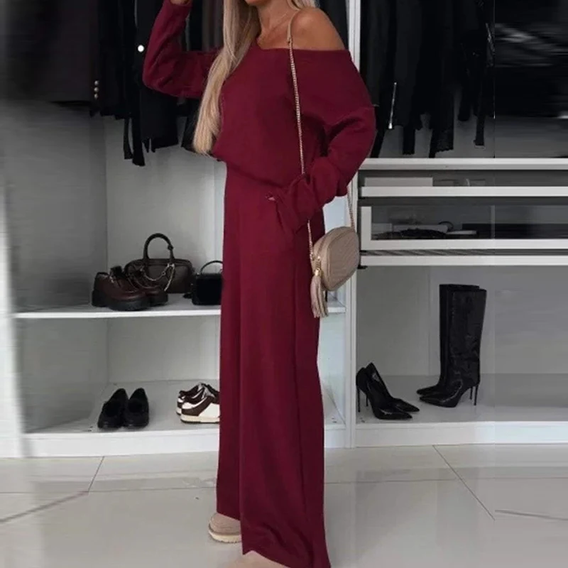 Женский повседневный однотонный вязаный наряд с длинным рукавом элегантный