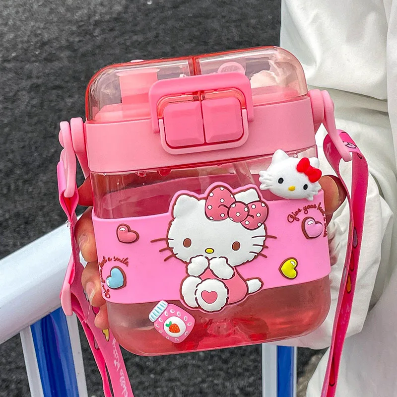 

600 мл Sanrio большая емкость бутылка для воды Kawaii Hello Kitty Kuromi Cinnamoroll прозрачный пластиковый чайник с соломинкой портативный подарок