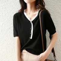 womens short sleeved french romantic temperament v neck sweater 2022 summer new commuter casual stitching edge all match tshirt