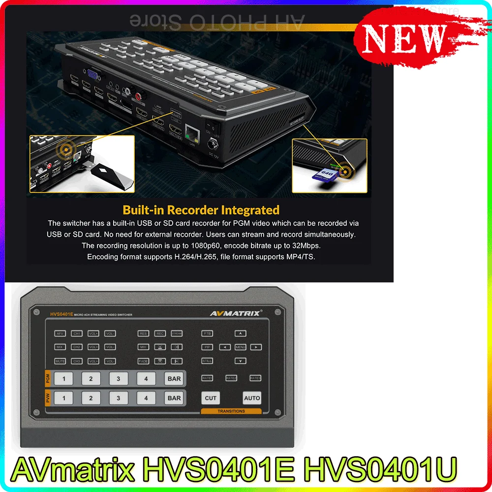 

AVmatrix HVS0401U HVS0401E 4 channel video switcher mixer SDI HDMI inputs 2 channel PGM output For Live Streaming Recording