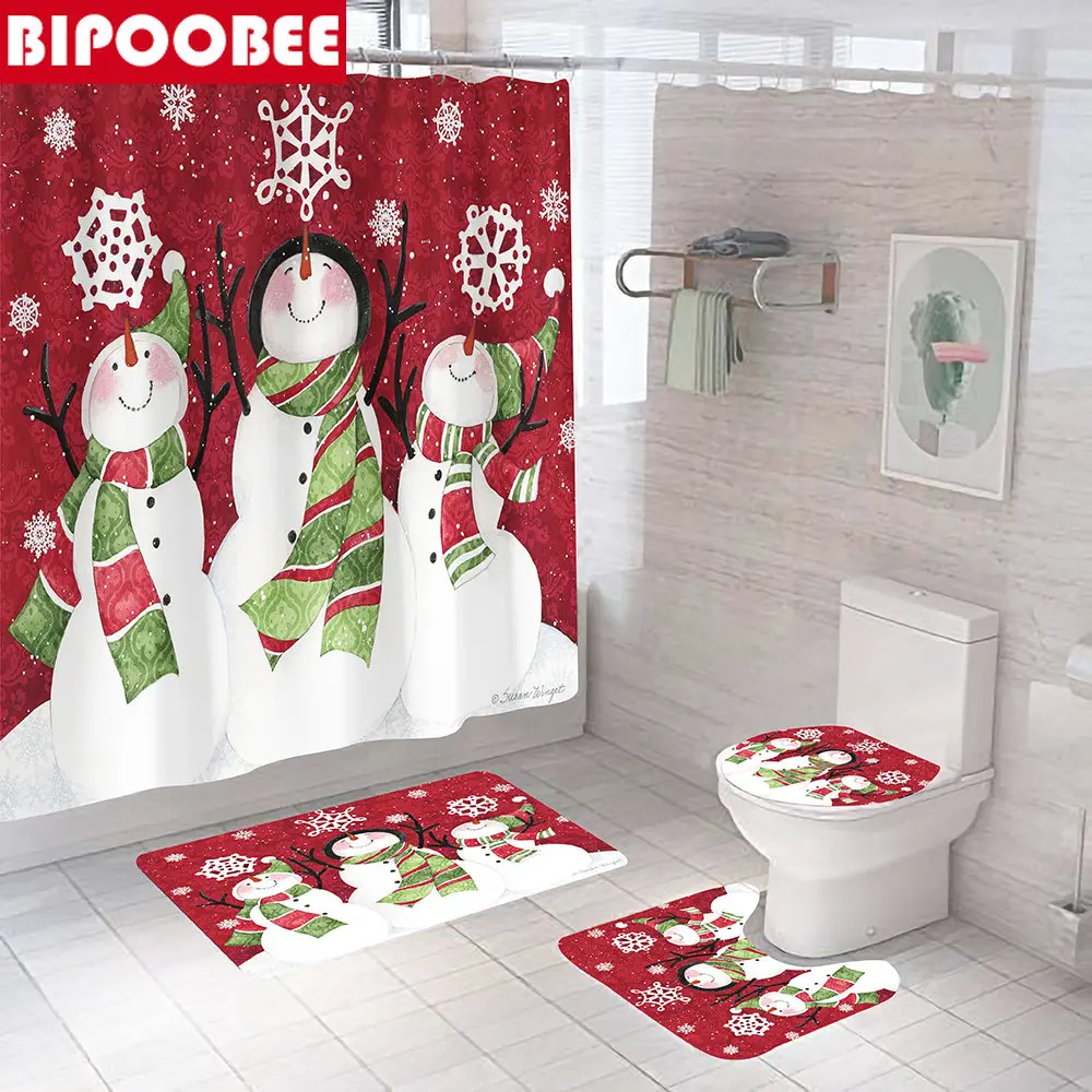 

Merry Christmas Shower Curtain Funny Snowman Bathroom Curtains Snowflake Bath Mats Rugs Toilet Cover Non Slip Carpet Party Decor