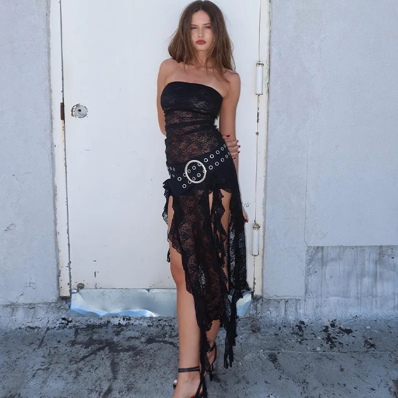 

Black Lace Maxi Dress With Slit Strapless Ruffle Bodycon Long 2023 Summer Dress Sexy Night Club Going Out Dresses Women