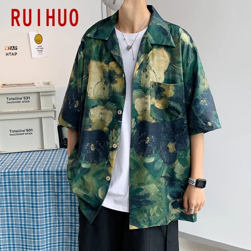 

RUIHUO Print Casual Shirts For Men Clothing Vintage Man Shirt Short Sleeve M-2XL 2023 New Arrivals