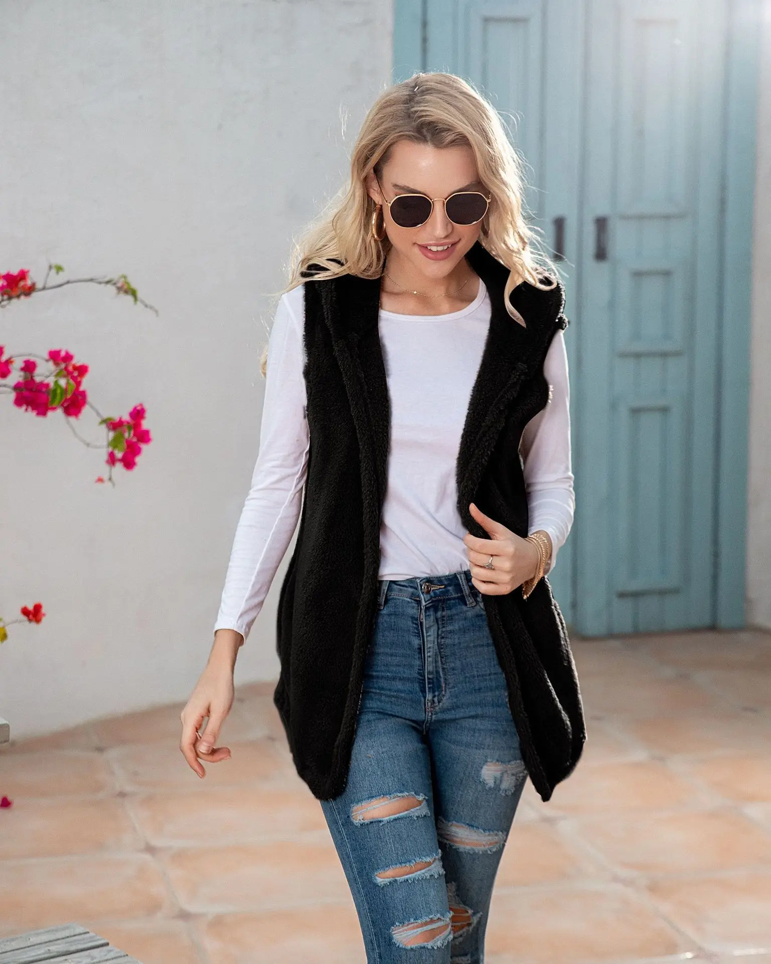 Осенне-зимний новый женский однотонный жилет средней длины с капюшоном плюшевая