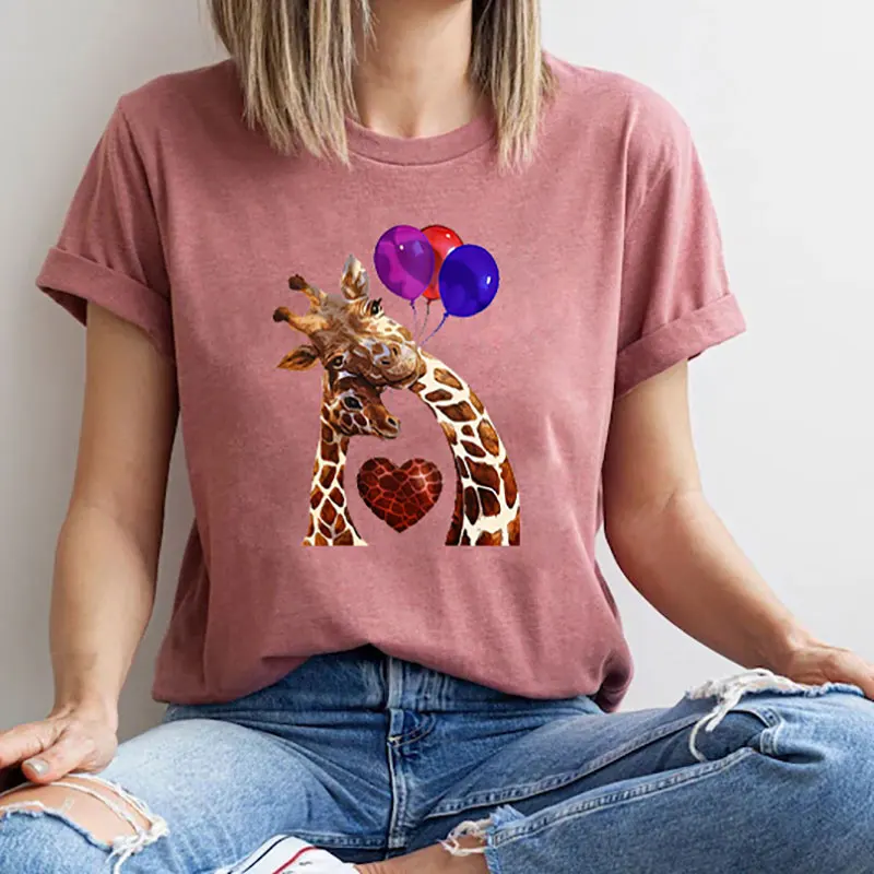 

Cartoon Giraffe Printed T-Shirts for Women Simple Casual Tshirts Clothing Breathable O-Neck Woman Tshirt Short Sleeve Casual Top