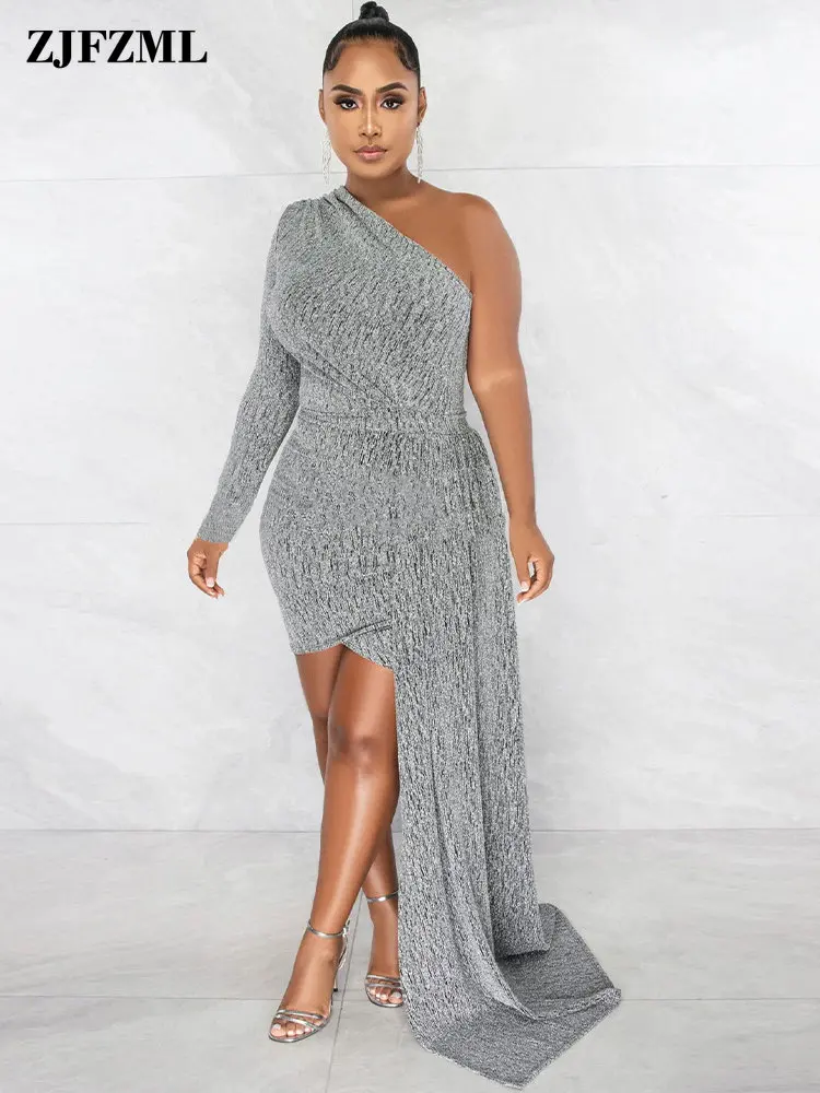 

Side Ribbon Patchwork Sexy Bodycon Dresses One Shoulder Single Long Sleeve Prom Dress Midnight Waist Shaped Cocktail Wrap Dress