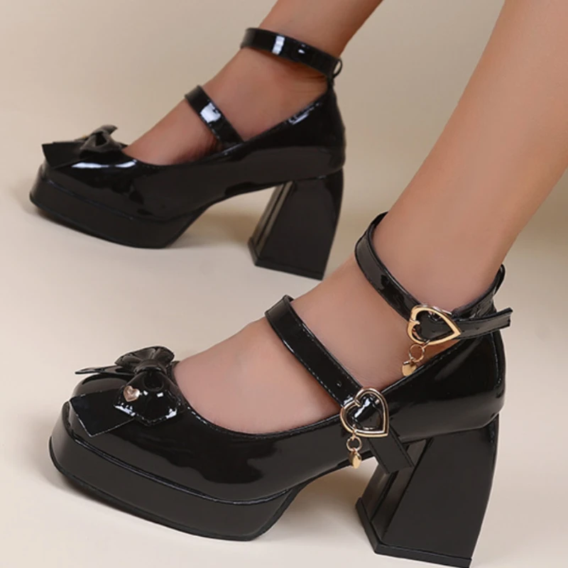 

2023 Women Pumps Mary Jane Lolita Shoes Gothic Chunky High Heel Platform Shoes Female Tied Cosplay Harajuku High Heel Shoes Bows