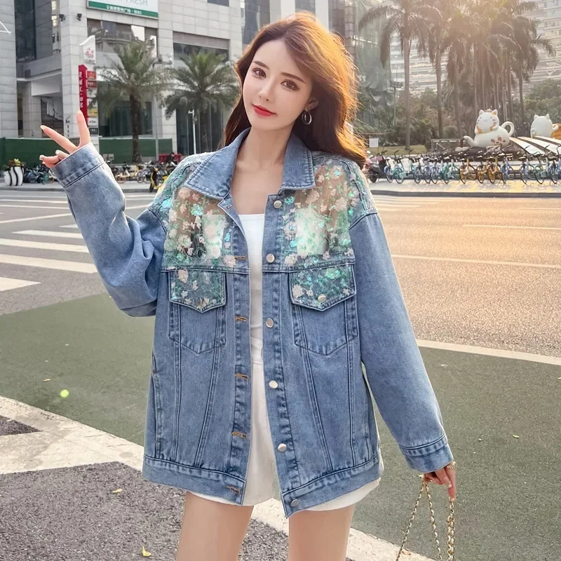 

2022 Autumn New Women Denim Jacket Harajuku Lace Jeans Jacket Mesh Sequins Loose Casual Jean Coat Outwear Female Jacket