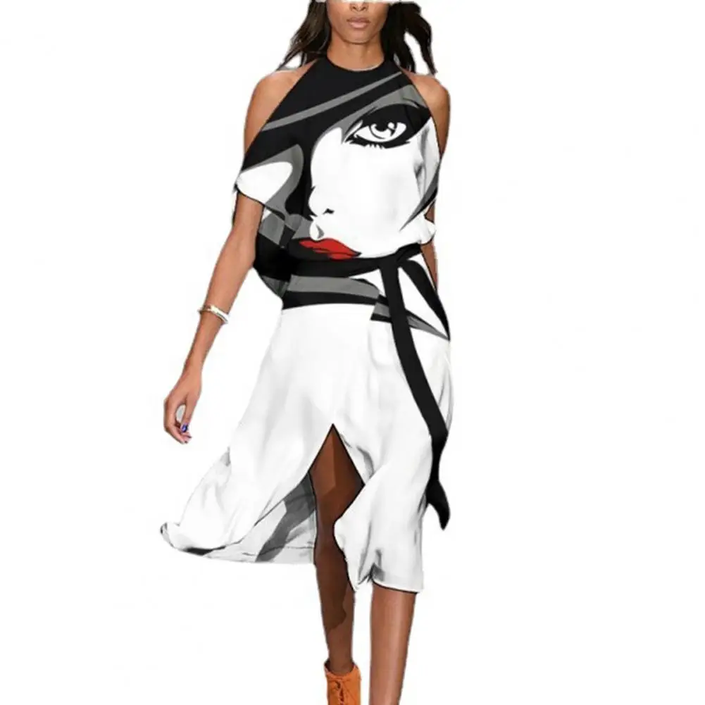 

Office Lady Dress Face Print Off Shoulder Summer Temperament Slim-fitting Midi Dress for Banquet