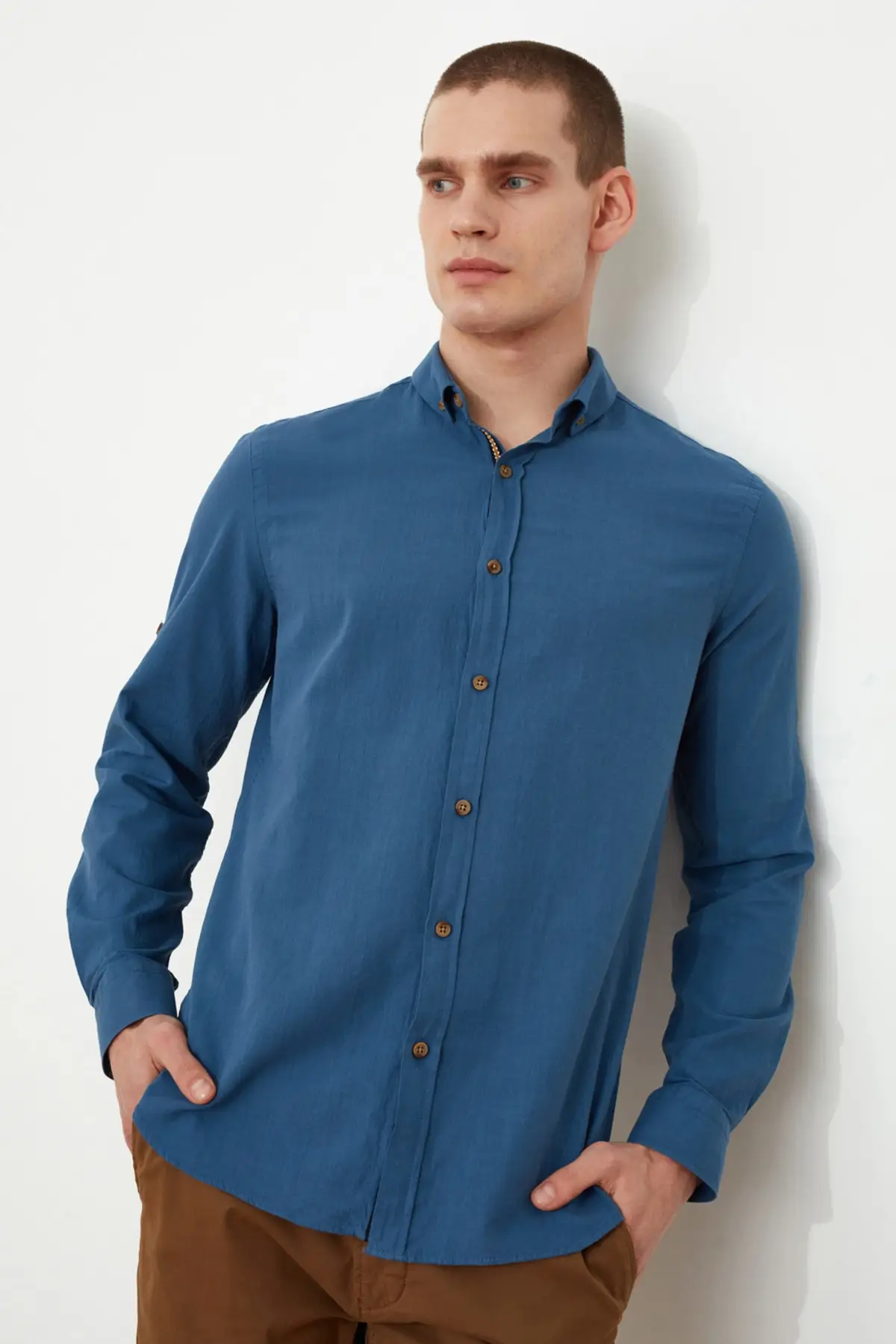 Trendyol Male Button Collar Epaulets Slim Fit Long-Sleeve Shirt TMNSS20GO0189