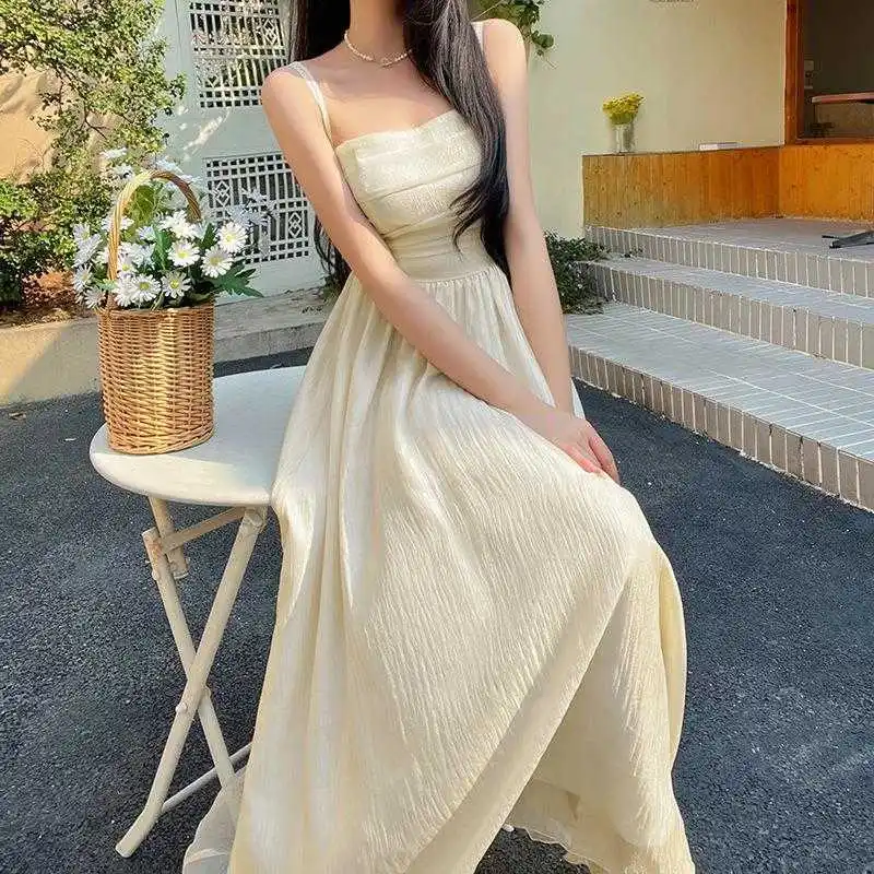 

Spring And Summer Style Strap Dress Sweet Pleated Atmosphere Long For Women