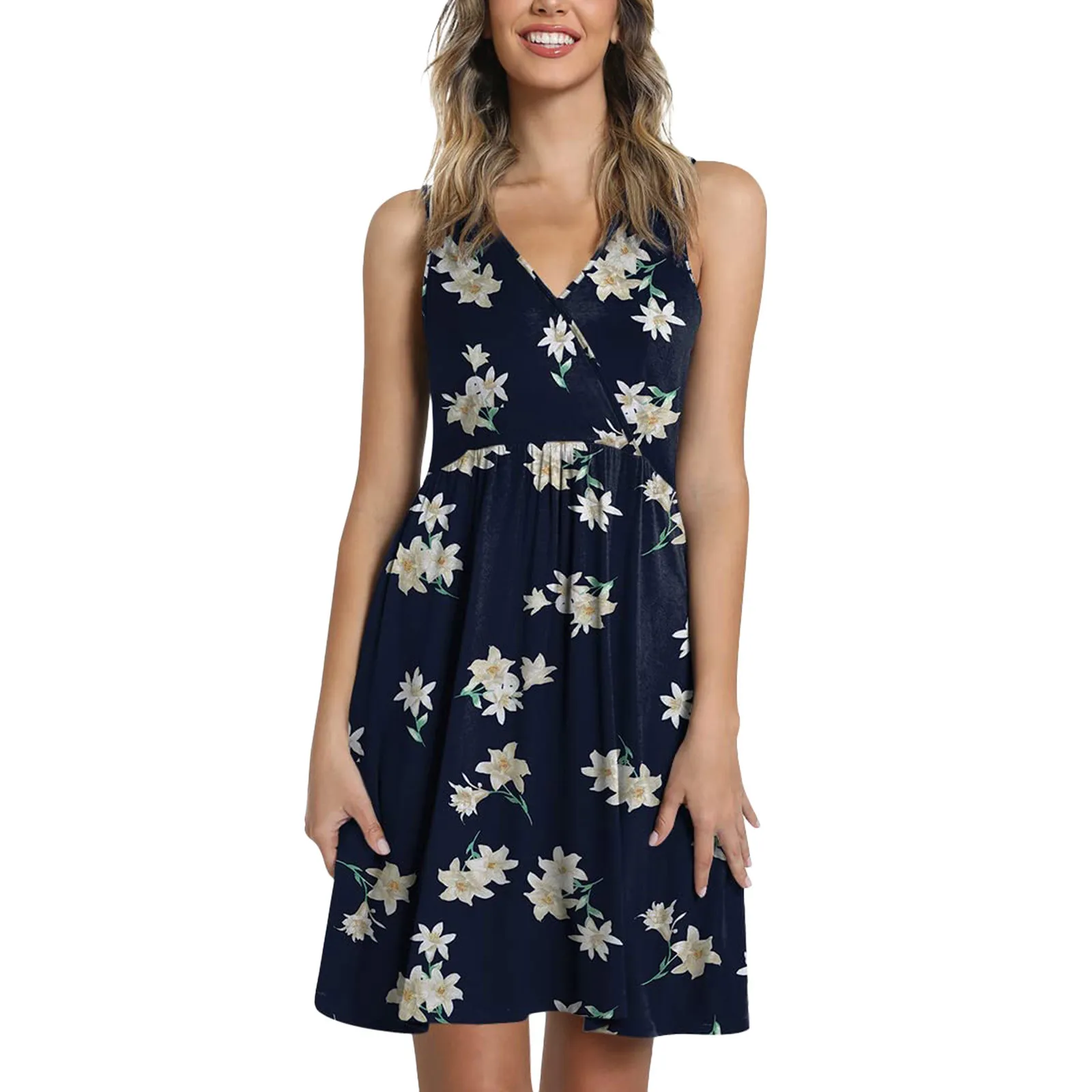 

Повседневное женское летнее платье 2022, пикантные свободные пляжные платья-качели с V-образным вырезом, женский короткий сарафан без рукавов...