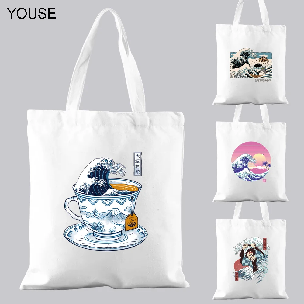 

YOUSE Shopping Bag Canvas Bag Handbag Tote Bag Casual Shoulder Bag r White Reusable Folding Simple Wave Print Pattern