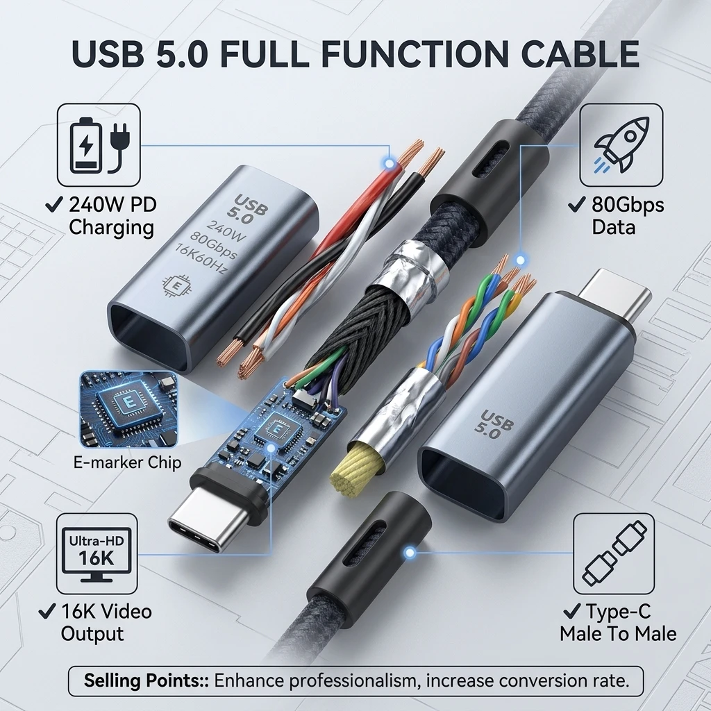 Фото Кабель USB 5.0 C-C, быстрая зарядка 240 Вт, высокоскоростной кабель передачи данных 80 Гбит/с, поддержка дисплея 16K 60 Гц, кабель Type C (штекер-штекер). №3