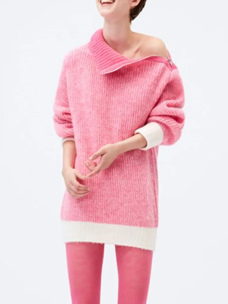 

2023 Autumn New Women Woolen Blend High Collar Shoulder With Zipper Fashion Knit Straight All-Match Pullovers Sweater