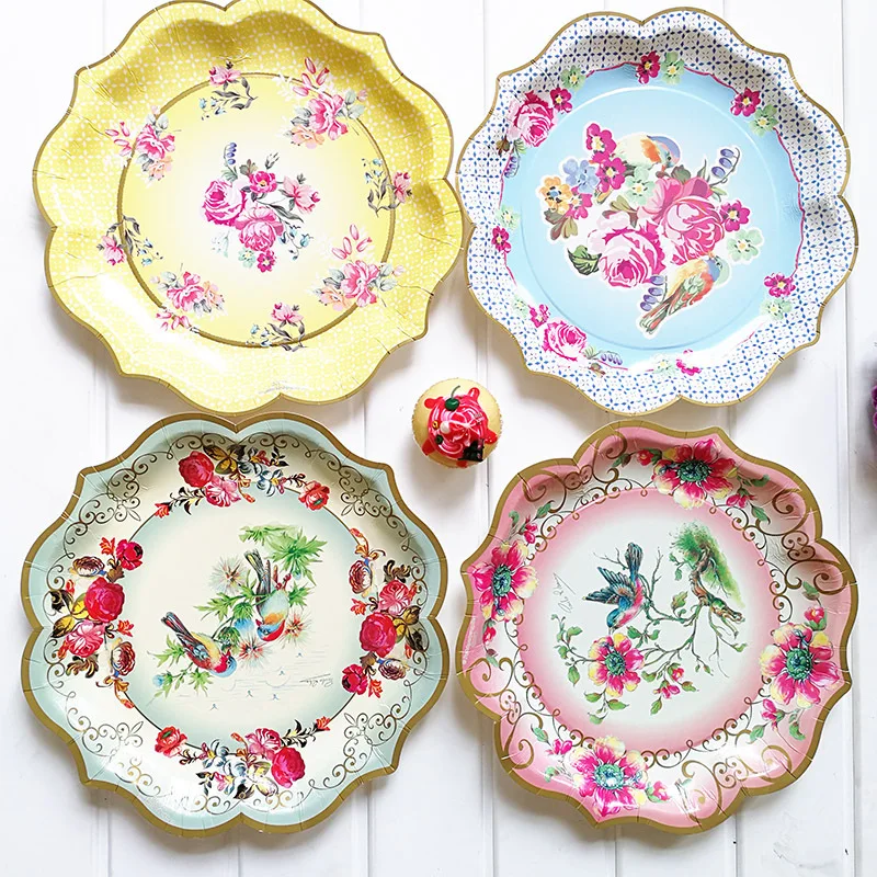 8pcs 30CM Europe Large Flowers Birds Pattern Disposable Tabl