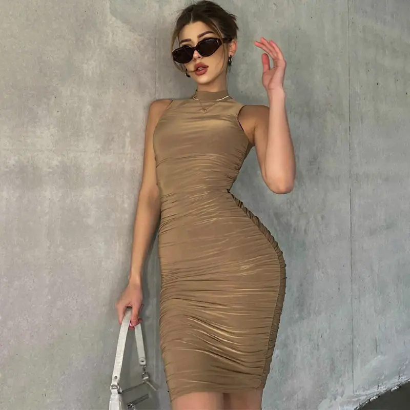 

European and American Style Cross-Border Women's Clothing2021New Summer Fashion Sexy round Neck Sleeveless Slim Dress Factory Wh