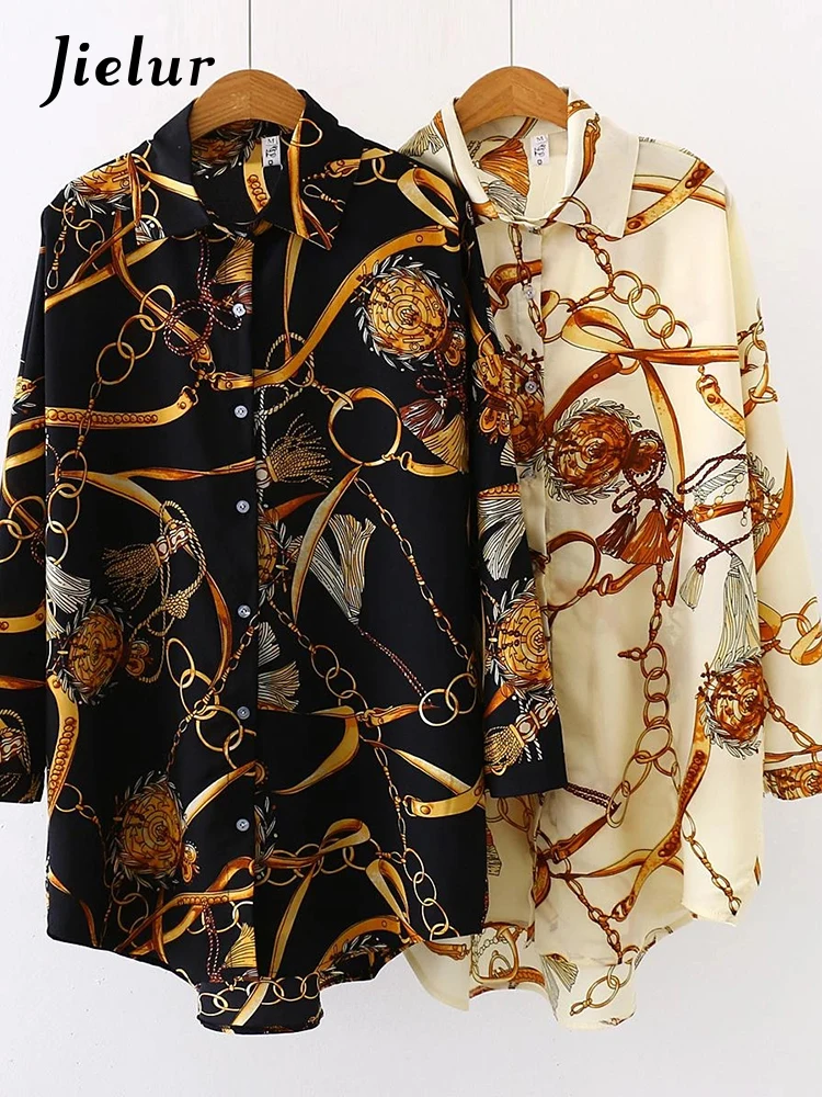 

Jielur Fashion Chained Casual S-5XL Women Blouses 2022 Spring Chiffon Blouse 3/4 Sleeve Loose Casual Tops Shirts Blusas Mujer