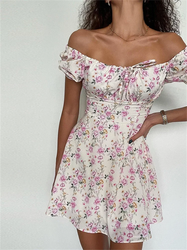 

Floral Print Beach Summer Holiday Short Mini Dress 2022 Elegant Women Short Sleeve Off Shoulder Tie Up Dress Female Vestidos