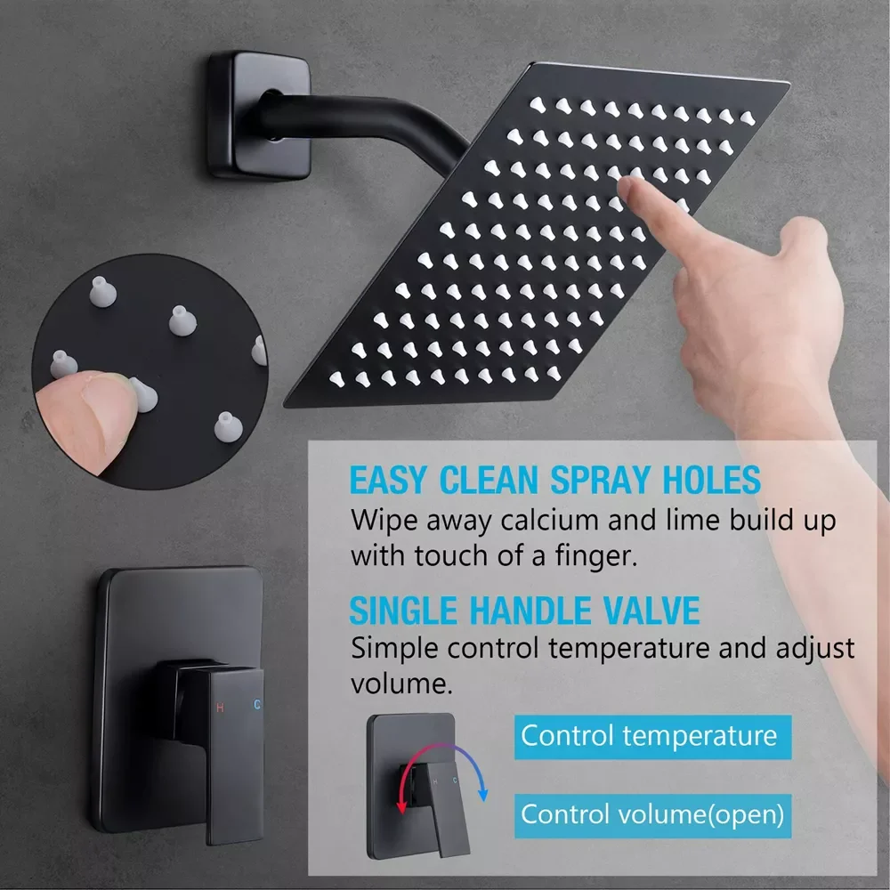 

Black Shower Faucets Set Wall Mounted Shower Bathroom Faucet Rain Shower Tub Mixer 8 Inches Shower Head Concealed Shower System
