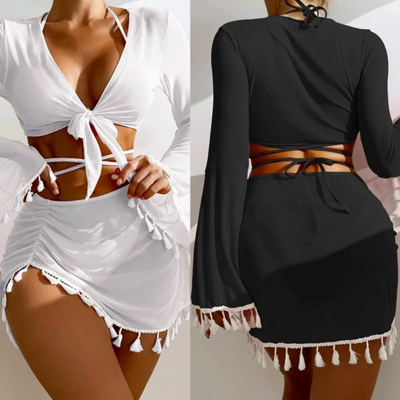 

Женский купальный костюм на шнуровке, купальник из 4 предметов с кисточками, комплект бикини с лямкой на шее, пляжная одежда