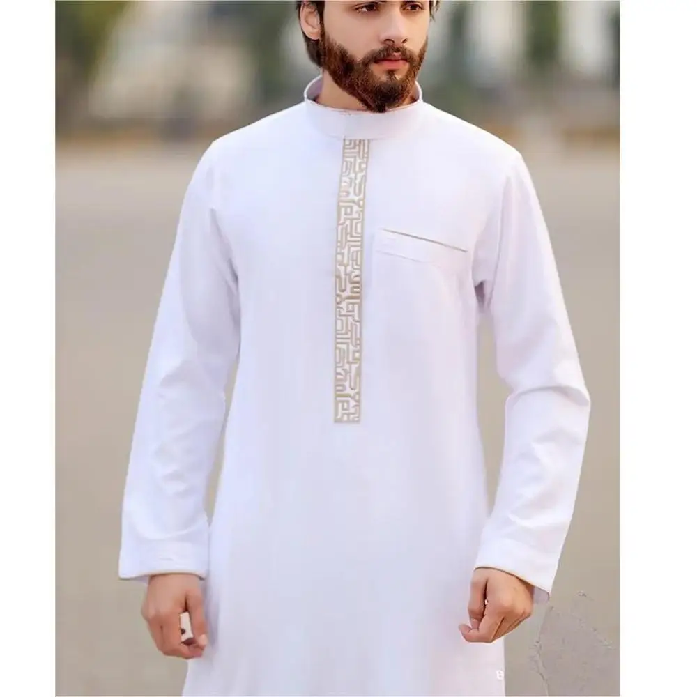4XL 2023 Arab Men's Robe Abaya White Muslim Printed Clothing Men's Robe Long Dress Abaya Muslim Clothes  muslim men clothing