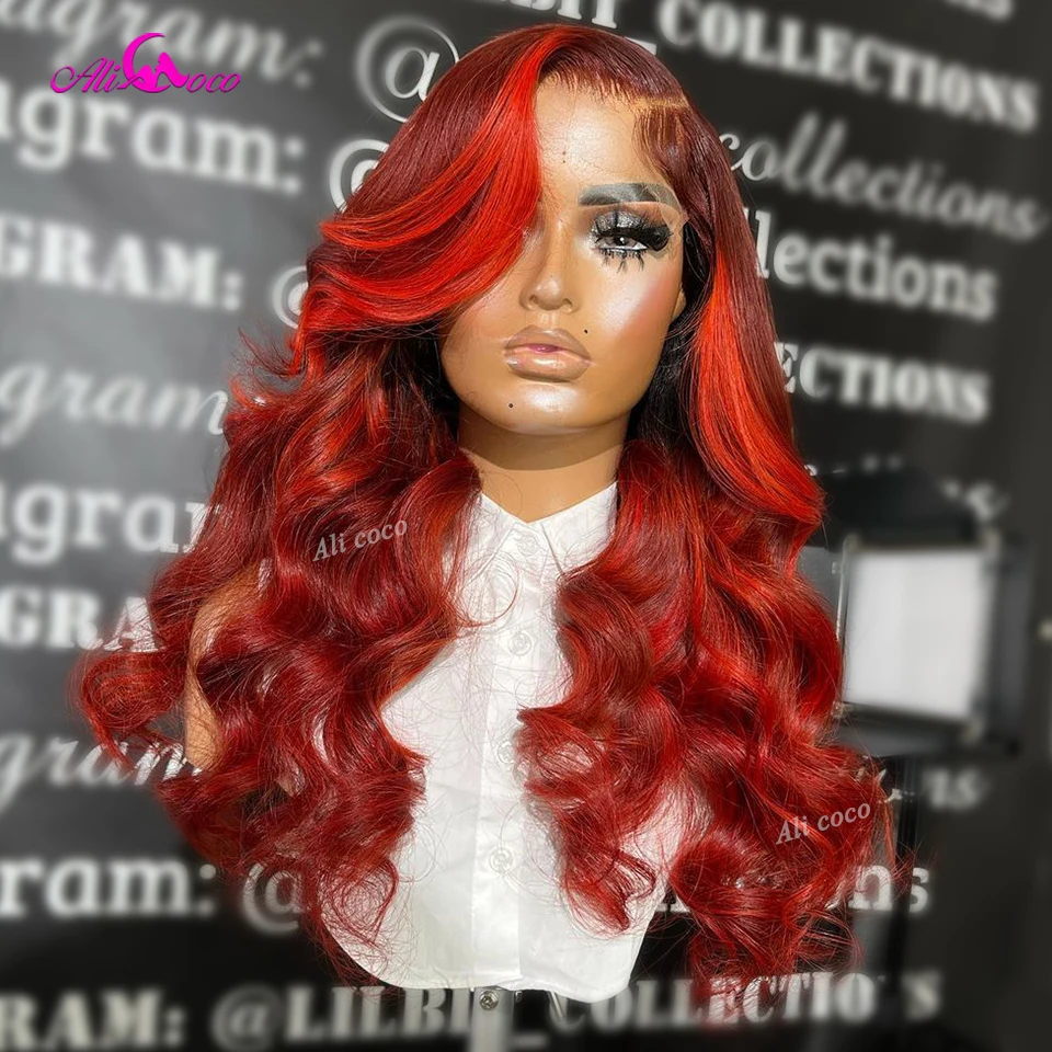 Highlight Ombre Red Body Wave Lace Front Wigs Pre Plucked Bleached Knots Peruvian 13x6 Lace Frontal Human Hair Wig For Woman