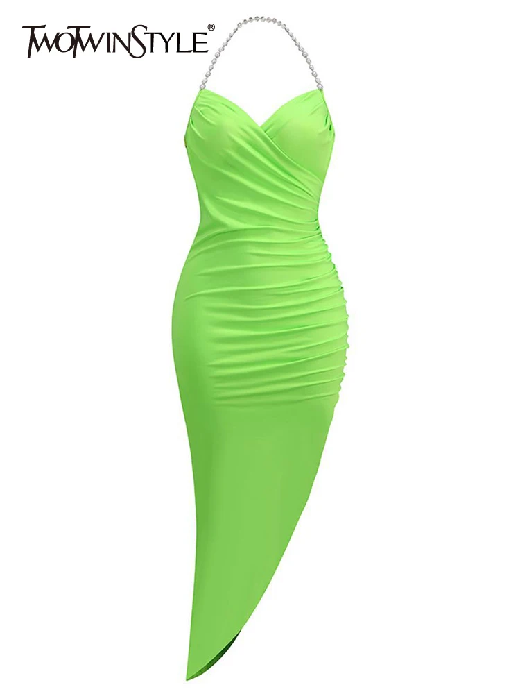 

TWOTWINSTYLE Sexy Dress For Women Halter Collar Sleeveless High Waist Ruched Side Split Solid Midi Dresses Female Summer Clothes
