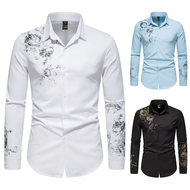Trendy New European and American Fashion Floral Shirts Bronzing Printing Men's Long-sleeved Casual Fashion Shirts 2022 New