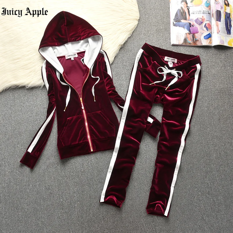 Juicy Apple Tracksuit Women Two Piece Set Office Lady Hooded Sweatshirt Spliced Jackets And Drawstring Pants Outfits Female Sets