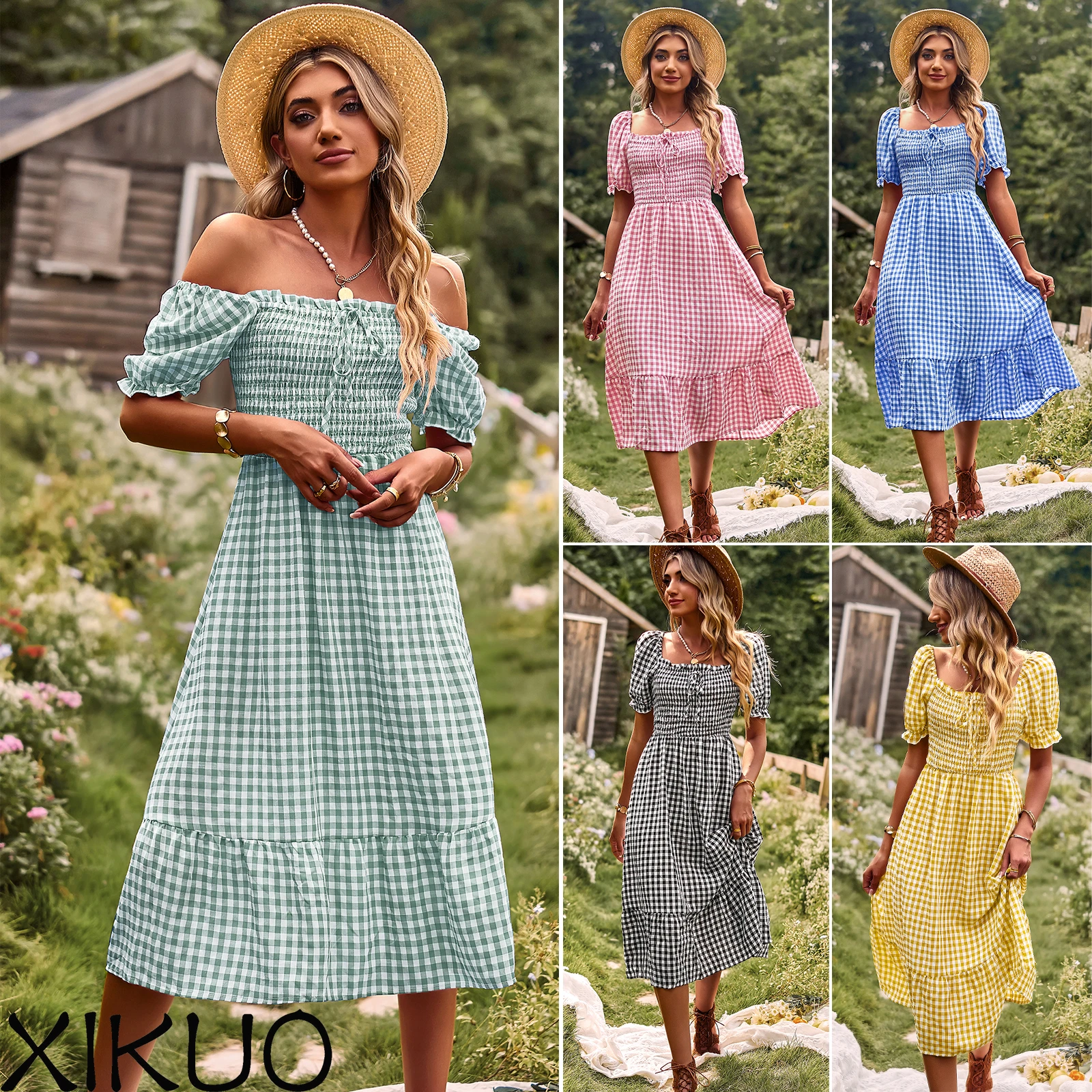 

XIKUO design-European and American fashion plaid a collar print flowy dress 2023 sexy casual big swing dress for women