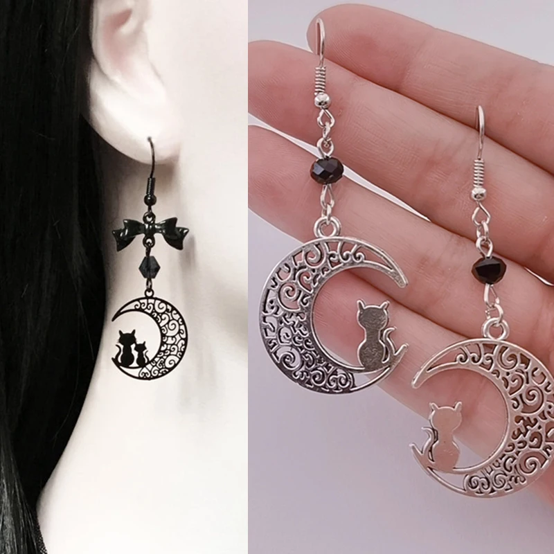 

Retro Silver Color Cat Moon Earrings With Black Beads Gothic Hollow Out Carving Earring Girl Party Jewelry Cat Lover Gift Women