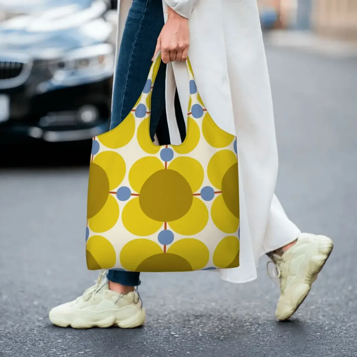 Изготовленная на заказ атомная цветочная желтая сумка для покупок Orla Kiely