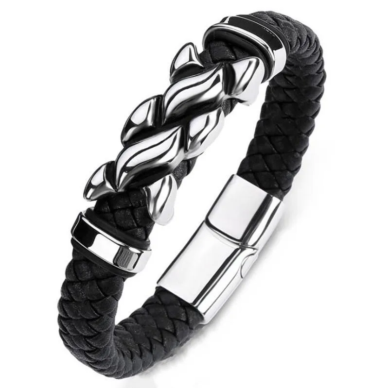 

New Classic Charm Men's Bracelet Handcrafted Black Leather Magnetic Buckle Flame Bracelet High Quality Punk Casual Jewelry Gift