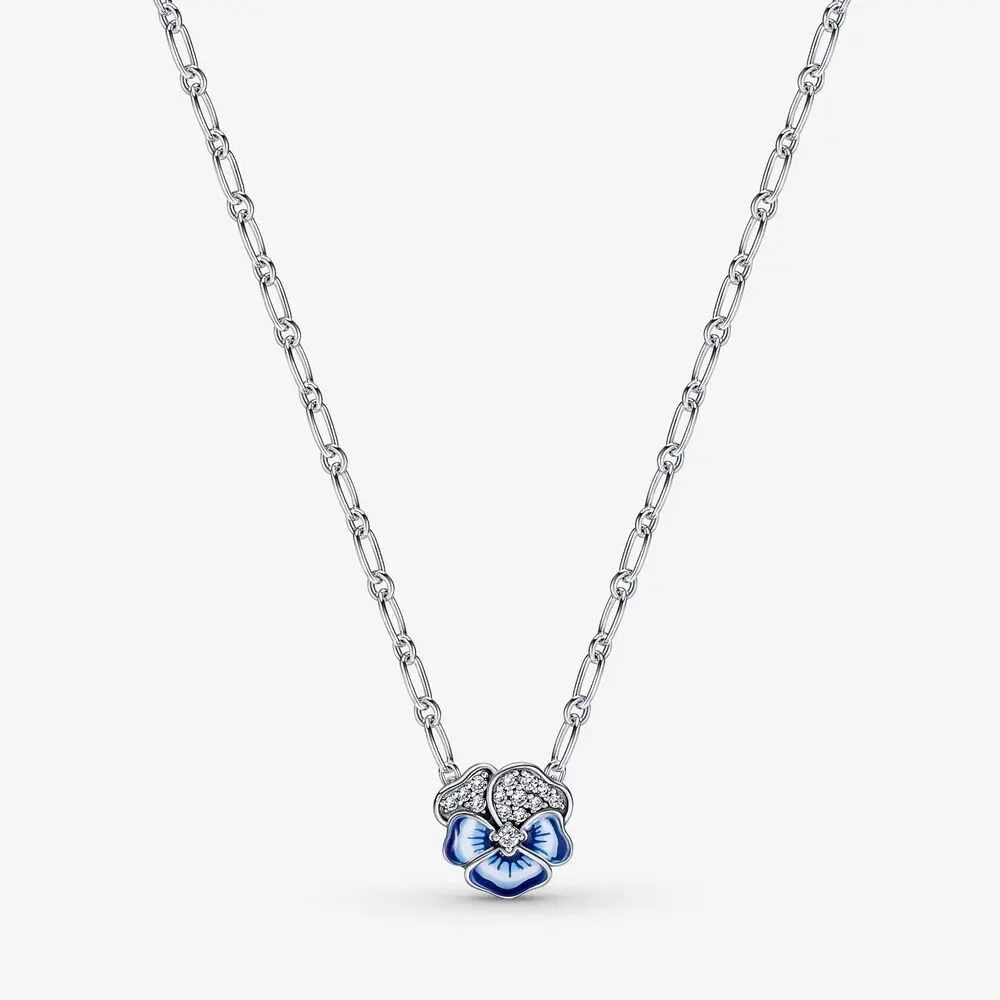 

2022 New Blue Pansy Flower Pendant Necklace 925 Sterling Silver Necklace for Women Elegant Jewelry Gift Colares Bijoux Femme