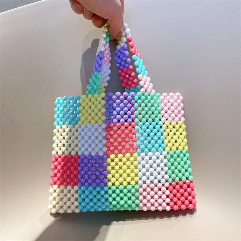 Spring Contrasting Colors New Beaded Bag Handmade Colorful Beads Handbag for Women Summer Cutout Seaside Vacation Clutch 2022