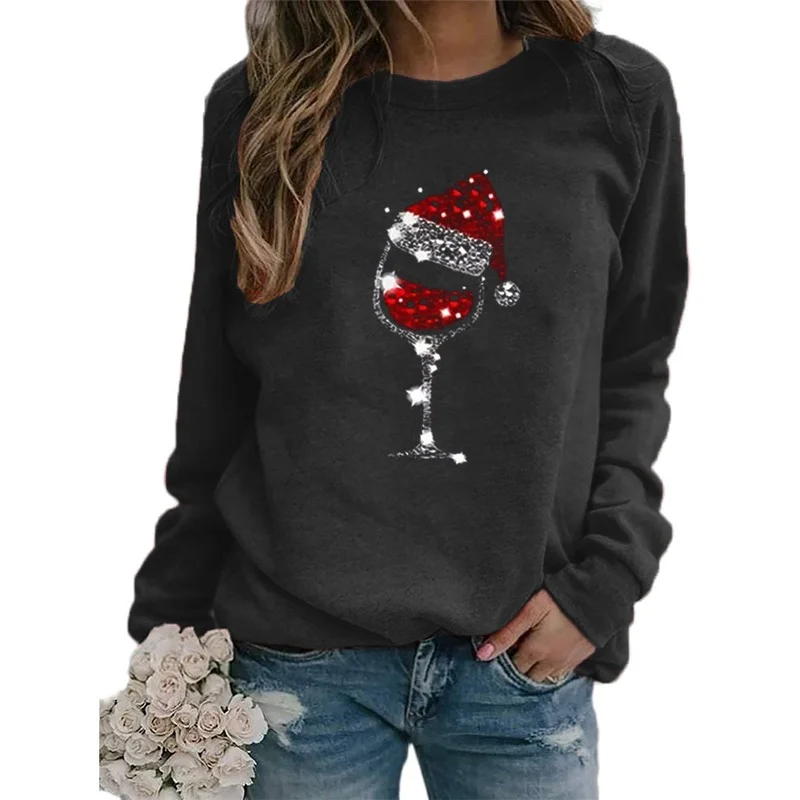 

Pullover Elegant Christmas Wine Glass Printed Basic T-Shirt Plus Size New 10 Colors Women Casual V-Neck Loose Long Sleeve Tops