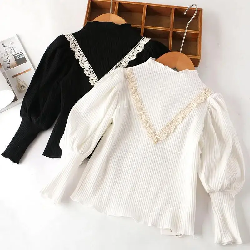 

Girls'Bubble Sleeve Lower Garments Spring and Autumn Children's White Half High Collar Long Sleeve T-shirt 100% Cotton Undercoat