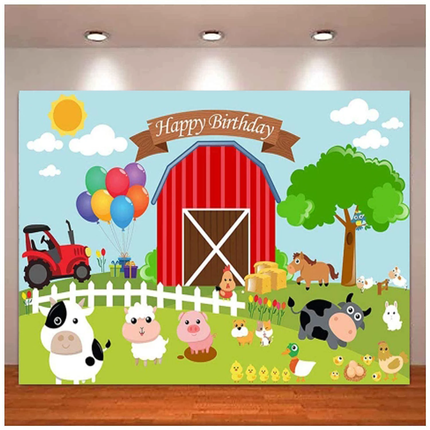 

Cartoon Farm Theme Red Barn Animals Rustic Happy Birthday Photo Background Child Party Decoration Banner Photography Backdrop